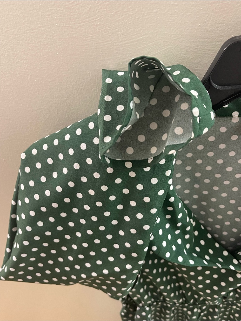 Hunter Green White Polka Dot Long Sleeve Mini Dress Collared V-Neck L - Picture 4 of 4